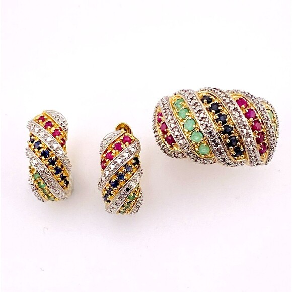 Ross Simmons Gold Over Sterling Set Multi Gem Bombe Ring n Huggie Hoop Earrings - Picture 4 of 15